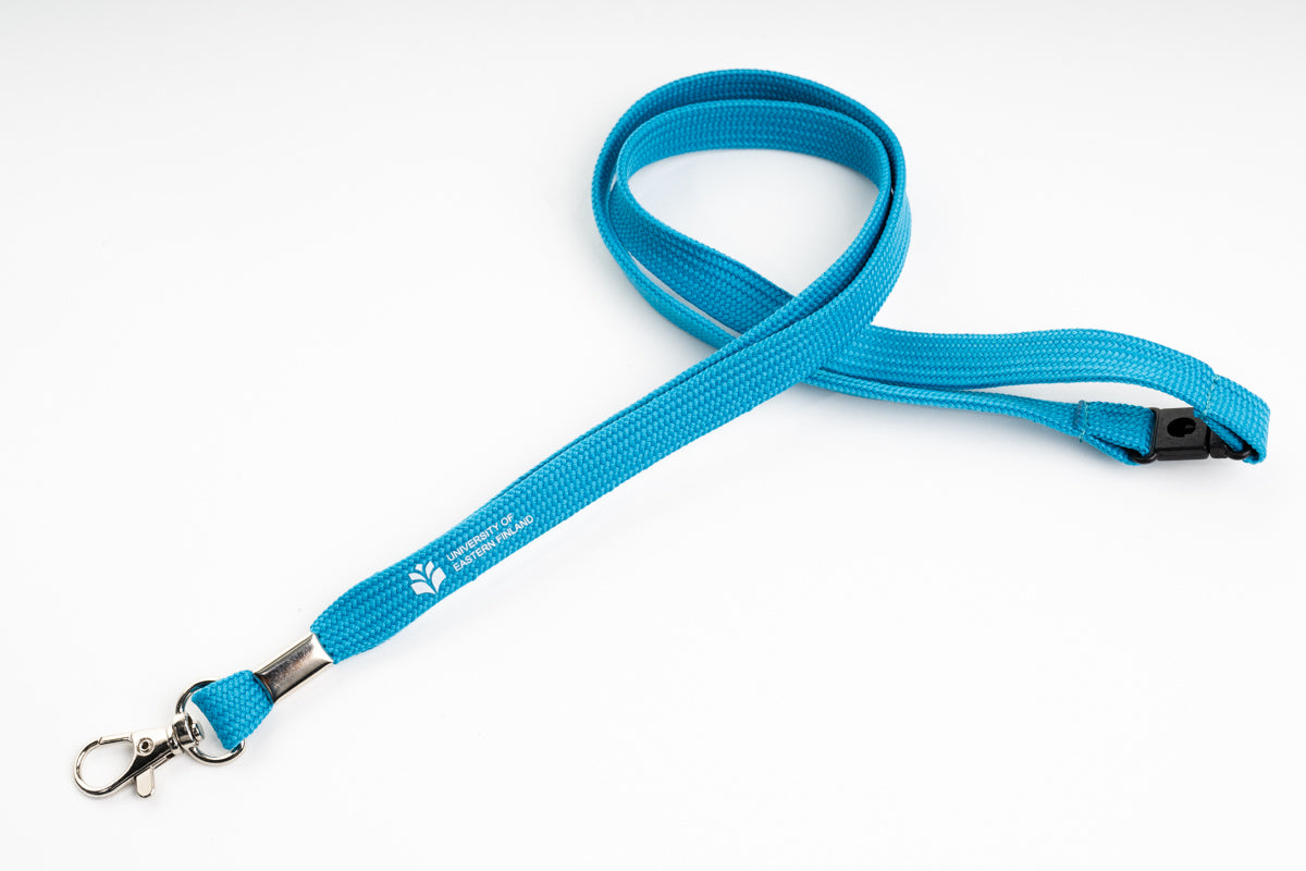 Turquoise lanyard with parrot hook and safty buckle.