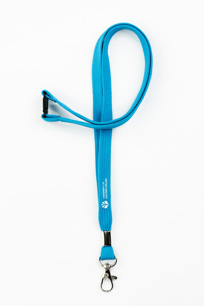 Turquoise lanyard with parrot hook and safty buckle.